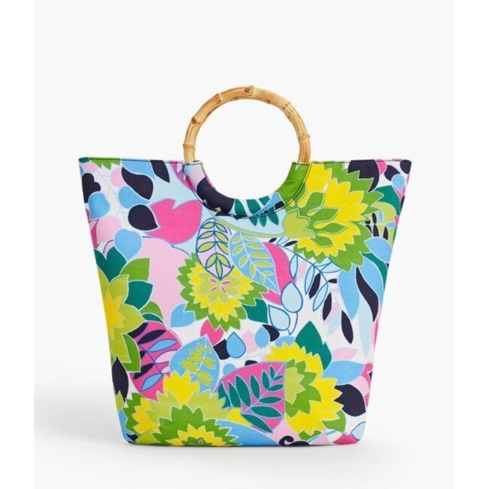 NWT Talbots bamboo handle canvas tote wooden shopper maximalist boho beach color